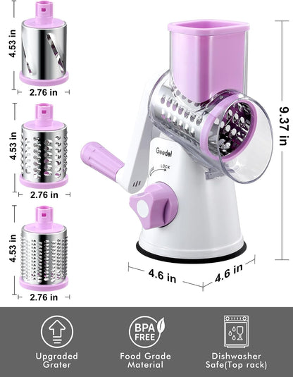 Rotary Cheese Grater Hand Crank, Cheese Shredder Vegetable Slicer | 3 Blades, 430 Stainless Steel, 12x Fast Cutting, Strong Suction Base, No BPA, Dishwasher Safe, for Cheese, Veggie, Nut