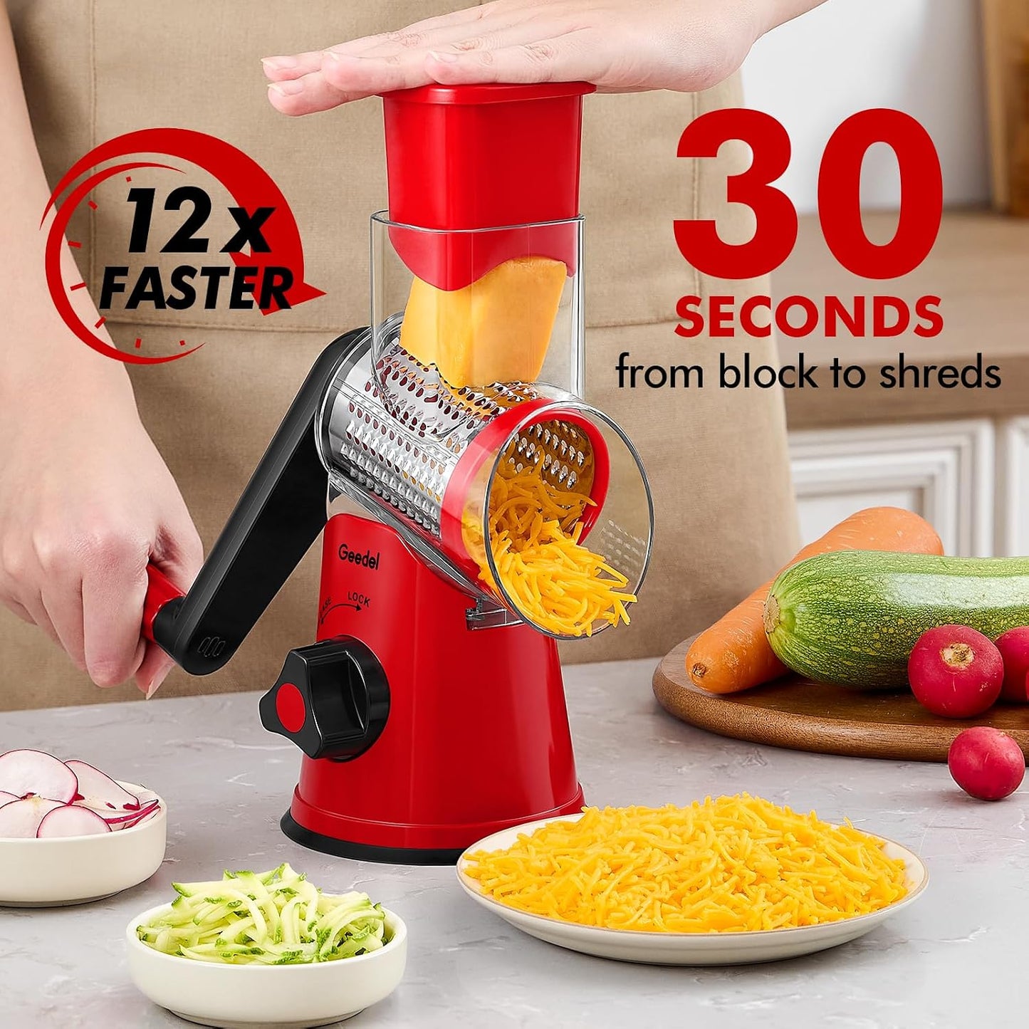 Rotary Cheese Grater Hand Crank, Cheese Shredder Vegetable Slicer | 3 Blades, 430 Stainless Steel, 12x Fast Cutting, Strong Suction Base, No BPA, Dishwasher Safe, for Cheese, Veggie, Nut