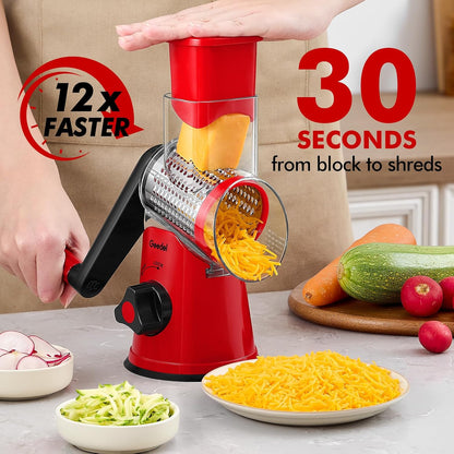 Rotary Cheese Grater Hand Crank, Cheese Shredder Vegetable Slicer | 3 Blades, 430 Stainless Steel, 12x Fast Cutting, Strong Suction Base, No BPA, Dishwasher Safe, for Cheese, Veggie, Nut
