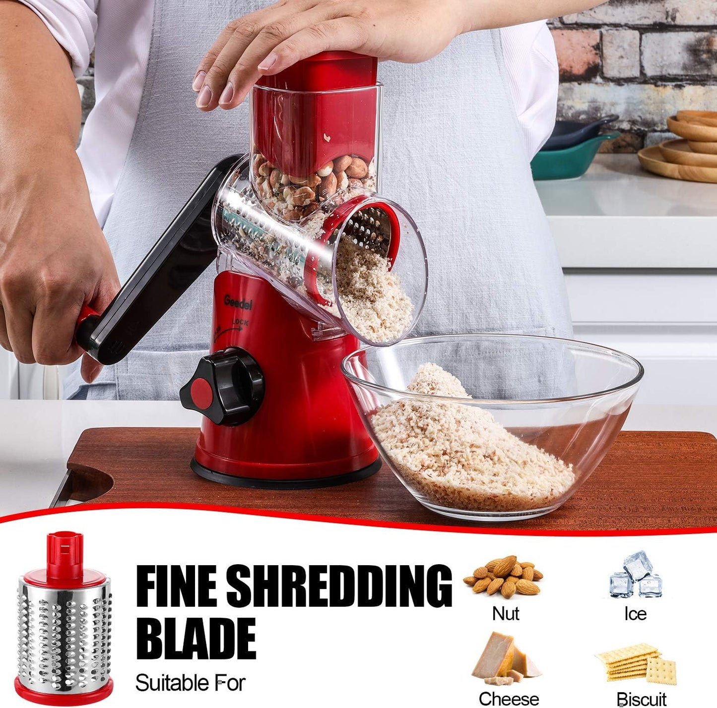 Rotary Cheese Grater Hand Crank, Cheese Shredder Vegetable Slicer | 3 Blades, 430 Stainless Steel, 12x Fast Cutting, Strong Suction Base, No BPA, Dishwasher Safe, for Cheese, Veggie, Nut