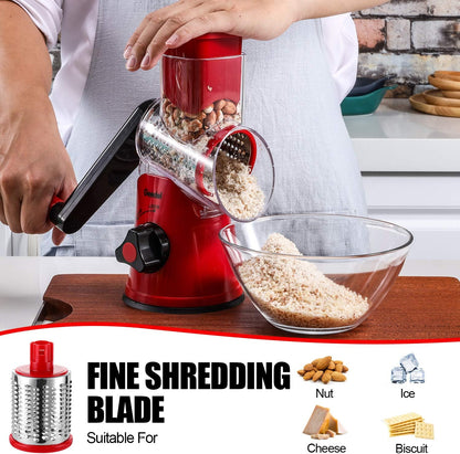 Rotary Cheese Grater Hand Crank, Cheese Shredder Vegetable Slicer | 3 Blades, 430 Stainless Steel, 12x Fast Cutting, Strong Suction Base, No BPA, Dishwasher Safe, for Cheese, Veggie, Nut