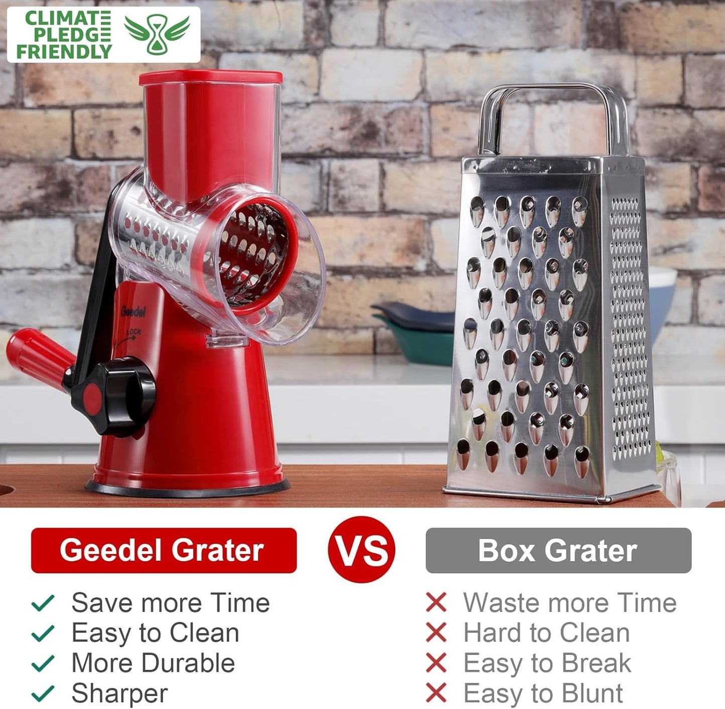 Rotary Cheese Grater Hand Crank, Cheese Shredder Vegetable Slicer | 3 Blades, 430 Stainless Steel, 12x Fast Cutting, Strong Suction Base, No BPA, Dishwasher Safe, for Cheese, Veggie, Nut