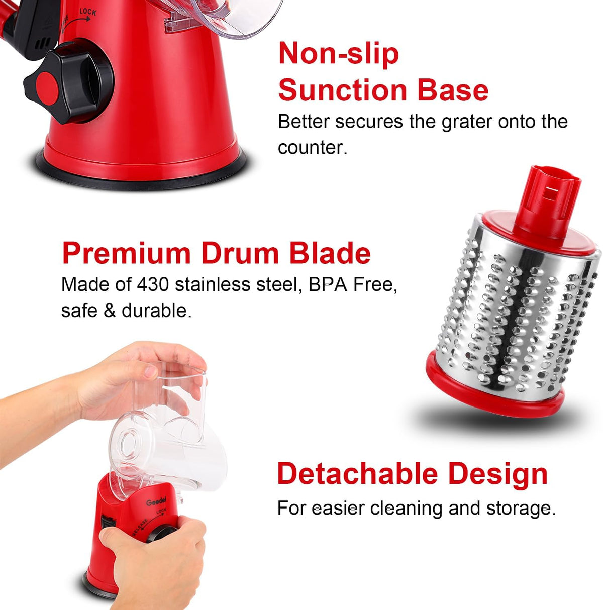 Rotary Cheese Grater Hand Crank, Cheese Shredder Vegetable Slicer | 3 Blades, 430 Stainless Steel, 12x Fast Cutting, Strong Suction Base, No BPA, Dishwasher Safe, for Cheese, Veggie, Nut