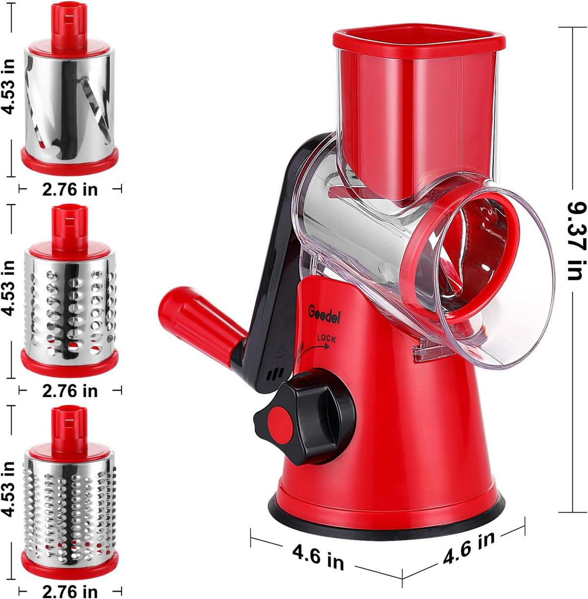 Rotary Cheese Grater Hand Crank, Cheese Shredder Vegetable Slicer | 3 Blades, 430 Stainless Steel, 12x Fast Cutting, Strong Suction Base, No BPA, Dishwasher Safe, for Cheese, Veggie, Nut