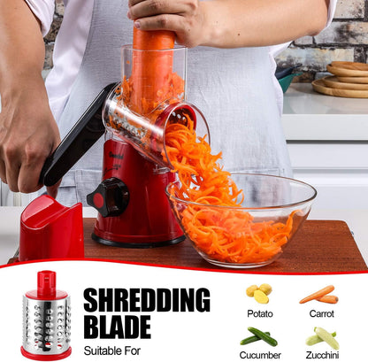 Rotary Cheese Grater Hand Crank, Cheese Shredder Vegetable Slicer | 3 Blades, 430 Stainless Steel, 12x Fast Cutting, Strong Suction Base, No BPA, Dishwasher Safe, for Cheese, Veggie, Nut