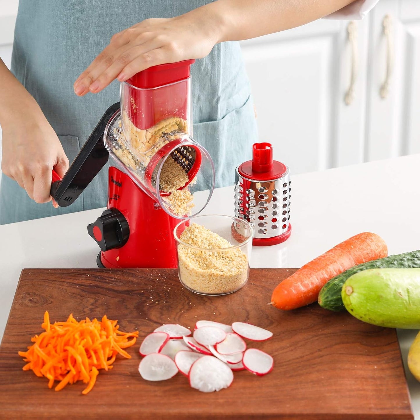 Rotary Cheese Grater Hand Crank, Cheese Shredder Vegetable Slicer | 3 Blades, 430 Stainless Steel, 12x Fast Cutting, Strong Suction Base, No BPA, Dishwasher Safe, for Cheese, Veggie, Nut