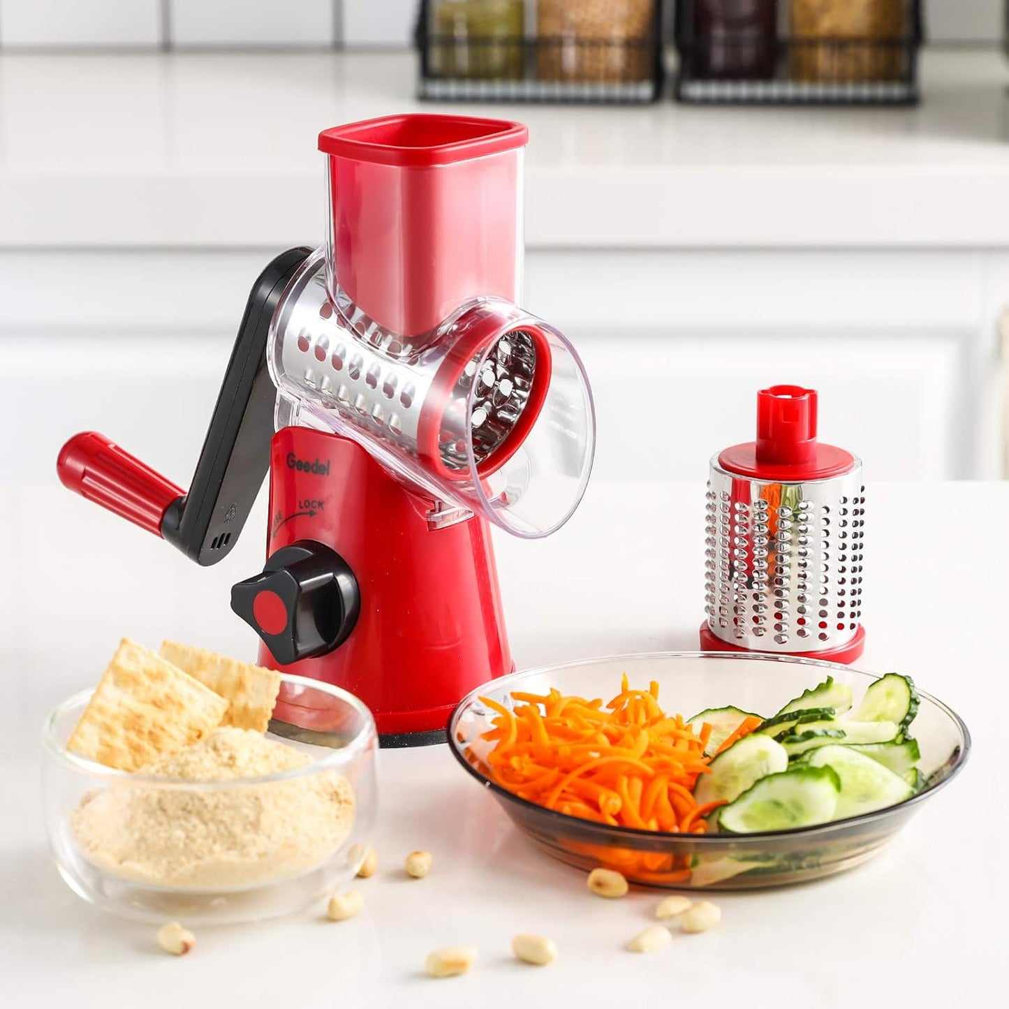 Rotary Cheese Grater Hand Crank, Cheese Shredder Vegetable Slicer | 3 Blades, 430 Stainless Steel, 12x Fast Cutting, Strong Suction Base, No BPA, Dishwasher Safe, for Cheese, Veggie, Nut