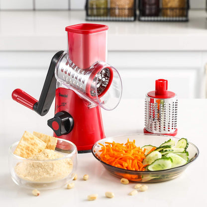 Rotary Cheese Grater Hand Crank, Cheese Shredder Vegetable Slicer | 3 Blades, 430 Stainless Steel, 12x Fast Cutting, Strong Suction Base, No BPA, Dishwasher Safe, for Cheese, Veggie, Nut