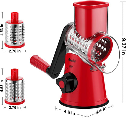 Rotary Cheese Grater Hand Crank, Cheese Shredder Vegetable Slicer | 3 Blades, 430 Stainless Steel, 12x Fast Cutting, Strong Suction Base, No BPA, Dishwasher Safe, for Cheese, Veggie, Nut