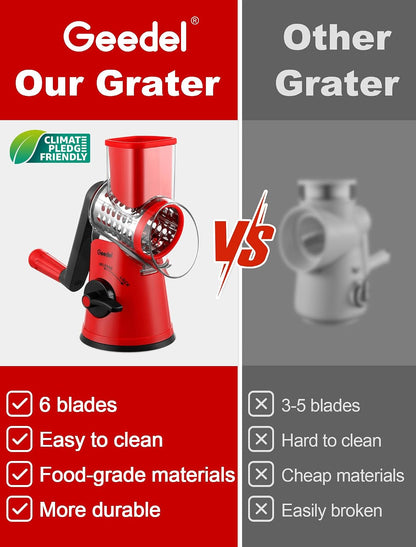 Rotary Cheese Grater Hand Crank, Cheese Shredder Vegetable Slicer | 3 Blades, 430 Stainless Steel, 12x Fast Cutting, Strong Suction Base, No BPA, Dishwasher Safe, for Cheese, Veggie, Nut