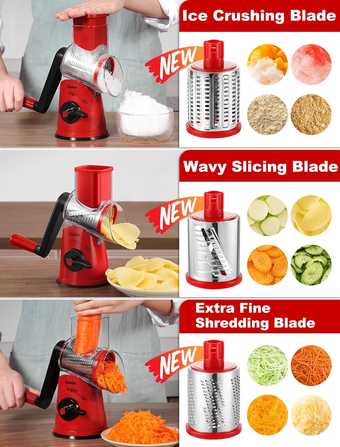 Rotary Cheese Grater Hand Crank, Cheese Shredder Vegetable Slicer | 3 Blades, 430 Stainless Steel, 12x Fast Cutting, Strong Suction Base, No BPA, Dishwasher Safe, for Cheese, Veggie, Nut