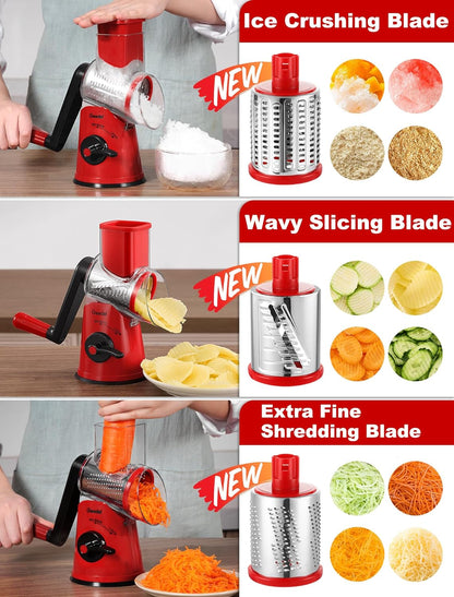 Rotary Cheese Grater Hand Crank, Cheese Shredder Vegetable Slicer | 3 Blades, 430 Stainless Steel, 12x Fast Cutting, Strong Suction Base, No BPA, Dishwasher Safe, for Cheese, Veggie, Nut