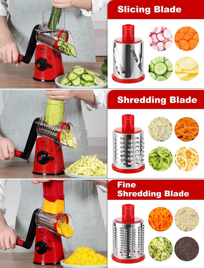 Rotary Cheese Grater Hand Crank, Cheese Shredder Vegetable Slicer | 3 Blades, 430 Stainless Steel, 12x Fast Cutting, Strong Suction Base, No BPA, Dishwasher Safe, for Cheese, Veggie, Nut