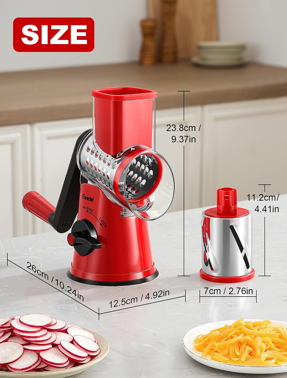 Rotary Cheese Grater Hand Crank, Cheese Shredder Vegetable Slicer | 3 Blades, 430 Stainless Steel, 12x Fast Cutting, Strong Suction Base, No BPA, Dishwasher Safe, for Cheese, Veggie, Nut