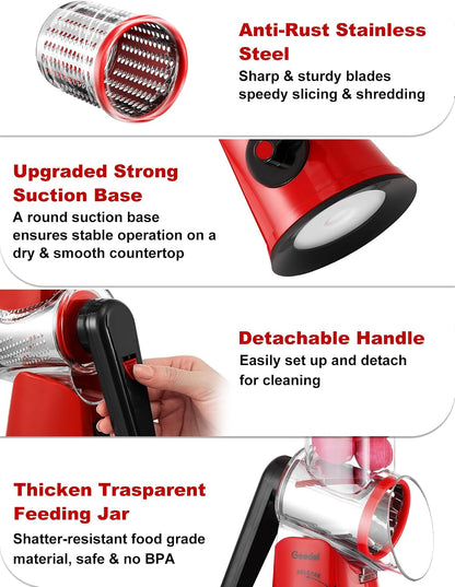 Rotary Cheese Grater Hand Crank, Cheese Shredder Vegetable Slicer | 3 Blades, 430 Stainless Steel, 12x Fast Cutting, Strong Suction Base, No BPA, Dishwasher Safe, for Cheese, Veggie, Nut
