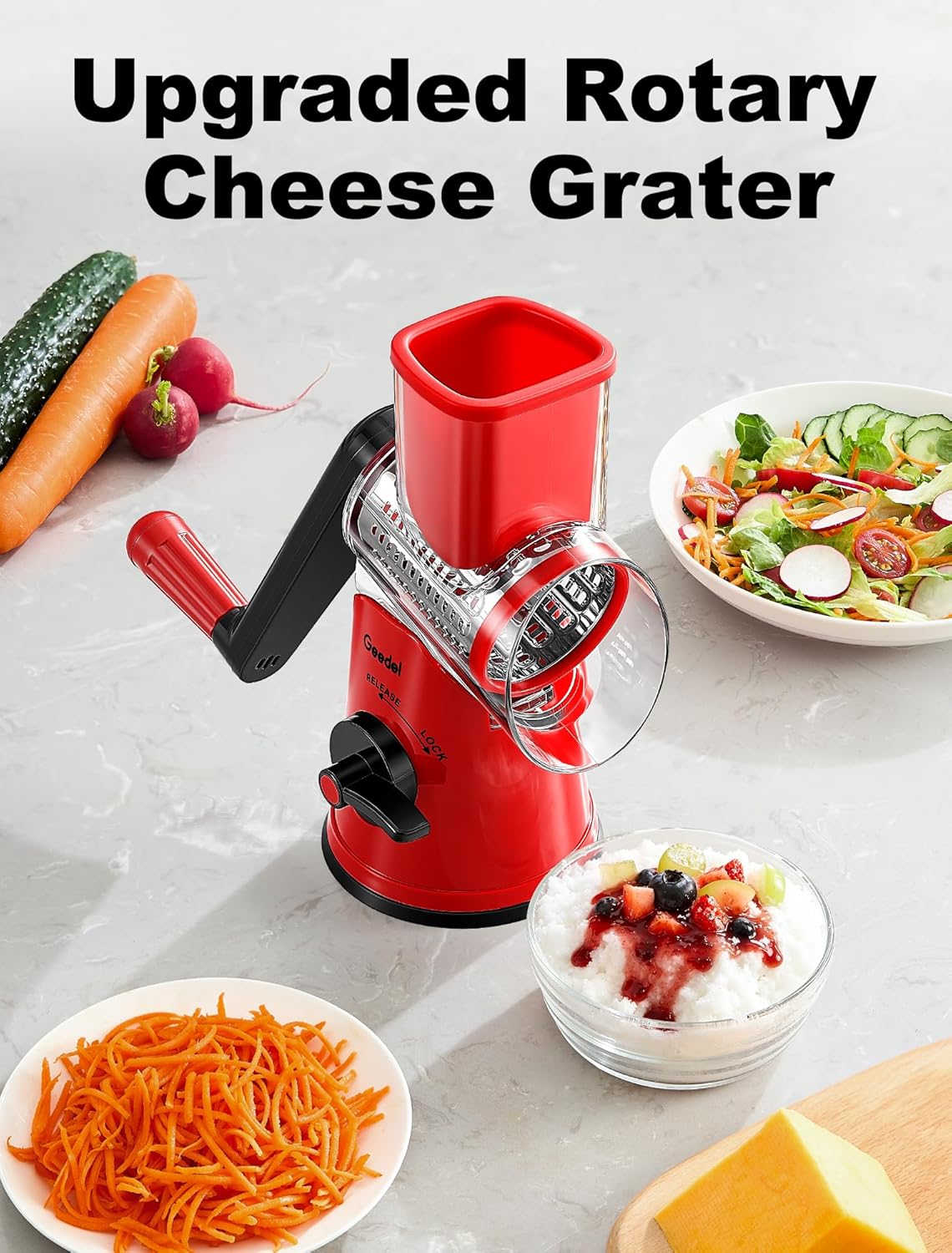 Rotary Cheese Grater Hand Crank, Cheese Shredder Vegetable Slicer | 3 Blades, 430 Stainless Steel, 12x Fast Cutting, Strong Suction Base, No BPA, Dishwasher Safe, for Cheese, Veggie, Nut