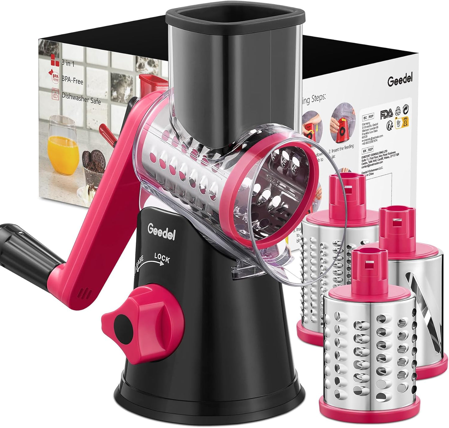Rotary Cheese Grater Hand Crank, Cheese Shredder Vegetable Slicer | 3 Blades, 430 Stainless Steel, 12x Fast Cutting, Strong Suction Base, No BPA, Dishwasher Safe, for Cheese, Veggie, Nut