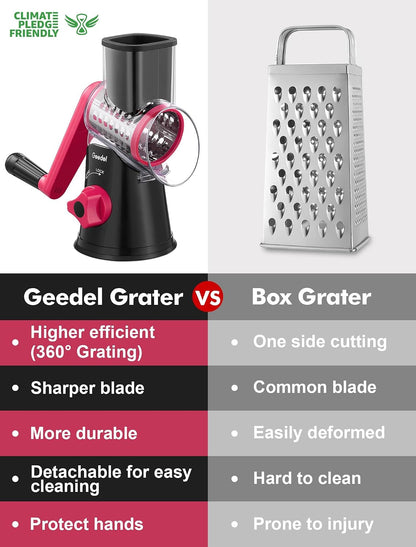 Rotary Cheese Grater Hand Crank, Cheese Shredder Vegetable Slicer | 3 Blades, 430 Stainless Steel, 12x Fast Cutting, Strong Suction Base, No BPA, Dishwasher Safe, for Cheese, Veggie, Nut