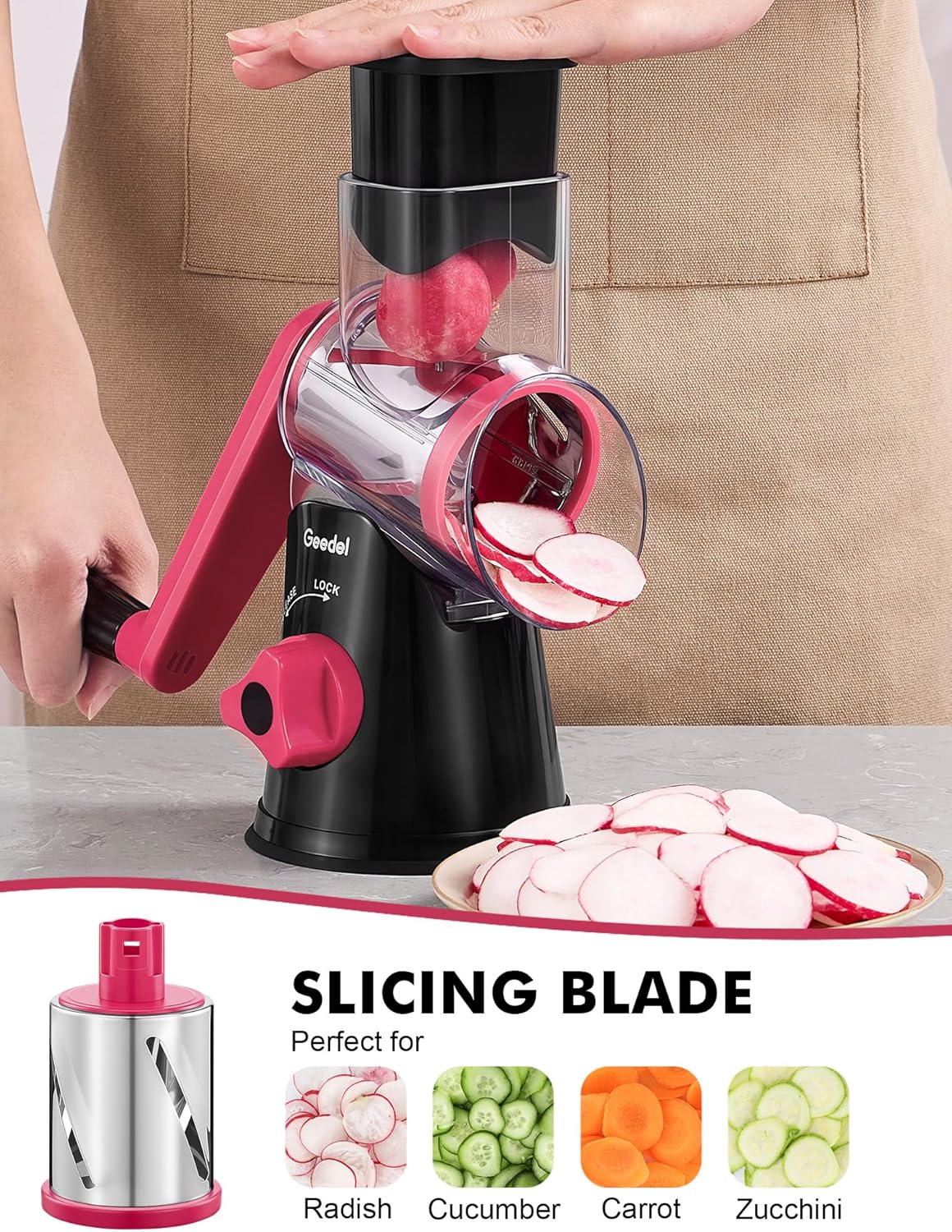 Rotary Cheese Grater Hand Crank, Cheese Shredder Vegetable Slicer | 3 Blades, 430 Stainless Steel, 12x Fast Cutting, Strong Suction Base, No BPA, Dishwasher Safe, for Cheese, Veggie, Nut