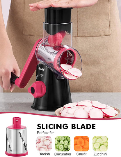 Rotary Cheese Grater Hand Crank, Cheese Shredder Vegetable Slicer | 3 Blades, 430 Stainless Steel, 12x Fast Cutting, Strong Suction Base, No BPA, Dishwasher Safe, for Cheese, Veggie, Nut
