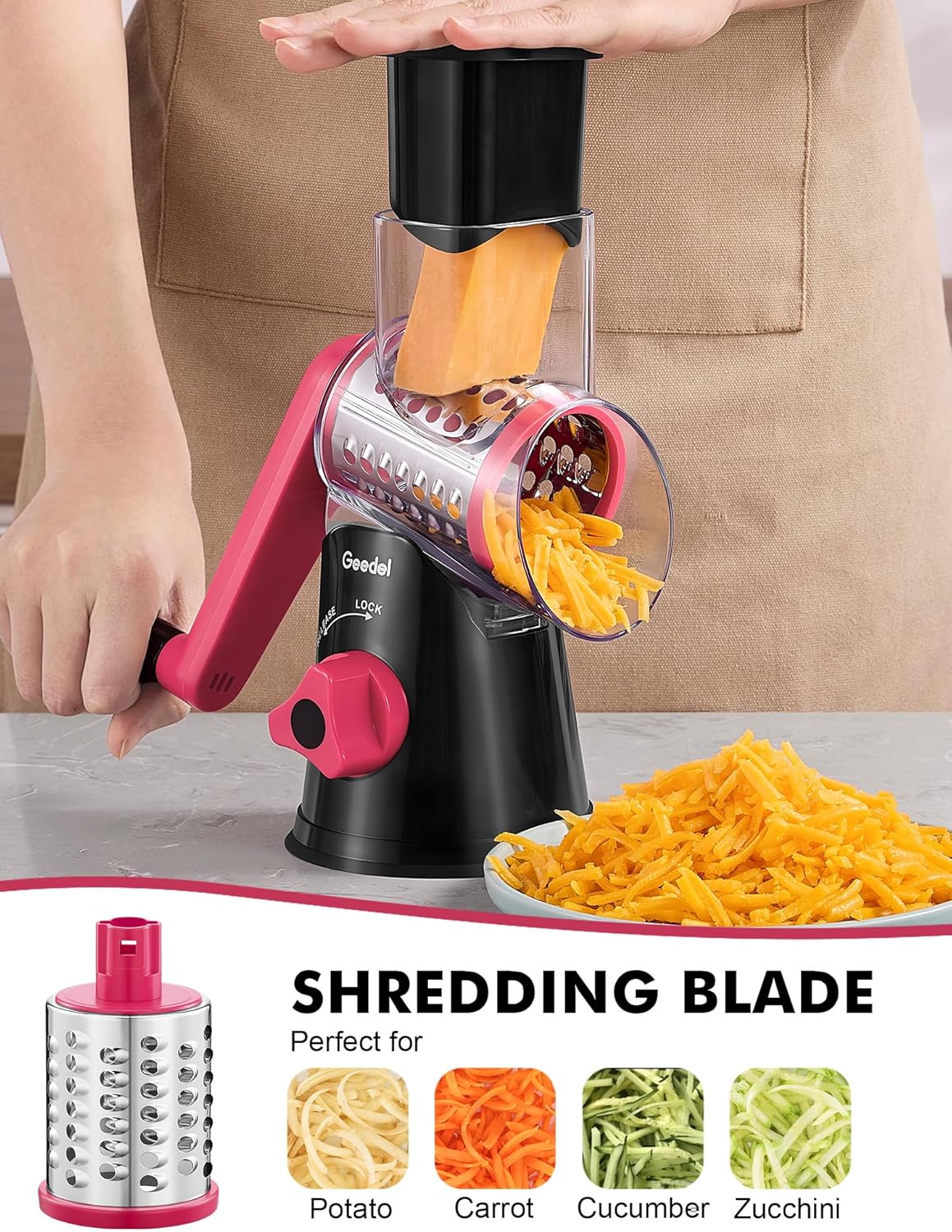 Rotary Cheese Grater Hand Crank, Cheese Shredder Vegetable Slicer | 3 Blades, 430 Stainless Steel, 12x Fast Cutting, Strong Suction Base, No BPA, Dishwasher Safe, for Cheese, Veggie, Nut