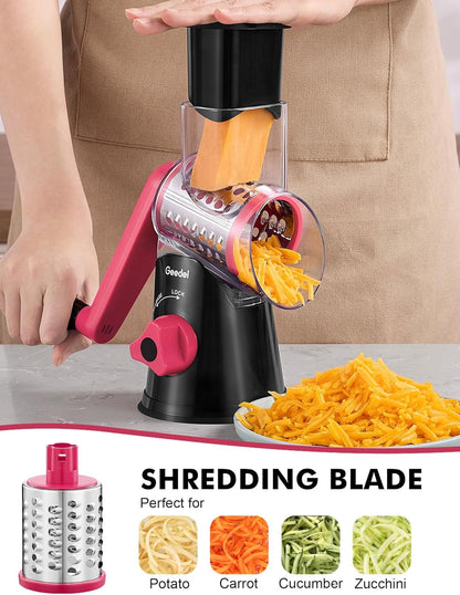 Rotary Cheese Grater Hand Crank, Cheese Shredder Vegetable Slicer | 3 Blades, 430 Stainless Steel, 12x Fast Cutting, Strong Suction Base, No BPA, Dishwasher Safe, for Cheese, Veggie, Nut