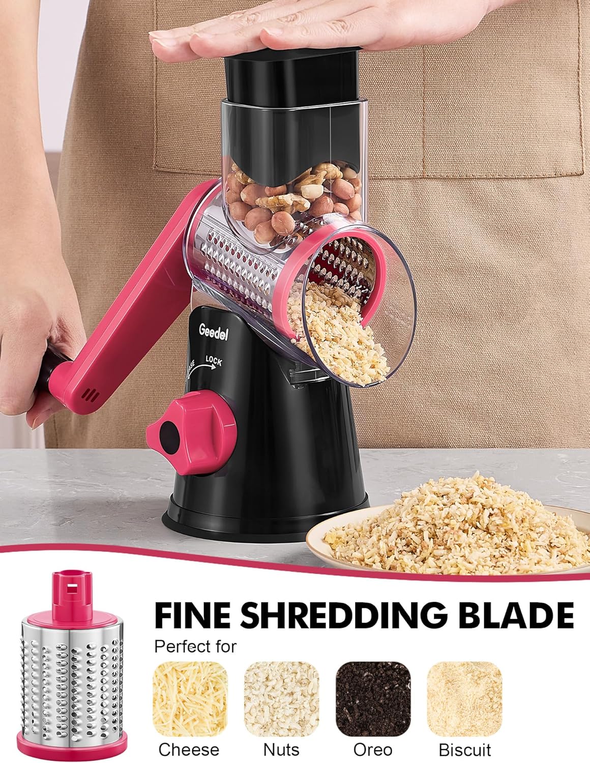 Rotary Cheese Grater Hand Crank, Cheese Shredder Vegetable Slicer | 3 Blades, 430 Stainless Steel, 12x Fast Cutting, Strong Suction Base, No BPA, Dishwasher Safe, for Cheese, Veggie, Nut