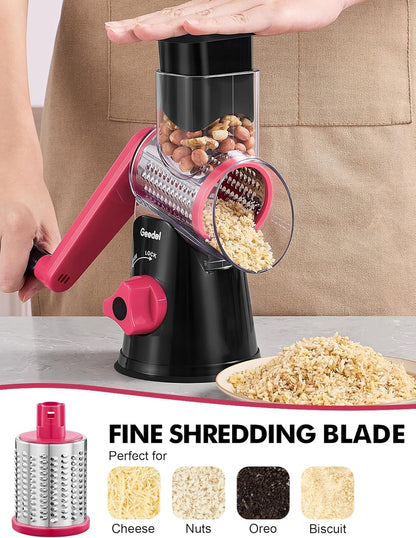 Rotary Cheese Grater Hand Crank, Cheese Shredder Vegetable Slicer | 3 Blades, 430 Stainless Steel, 12x Fast Cutting, Strong Suction Base, No BPA, Dishwasher Safe, for Cheese, Veggie, Nut