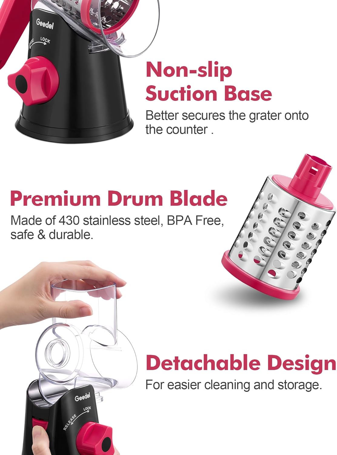 Rotary Cheese Grater Hand Crank, Cheese Shredder Vegetable Slicer | 3 Blades, 430 Stainless Steel, 12x Fast Cutting, Strong Suction Base, No BPA, Dishwasher Safe, for Cheese, Veggie, Nut