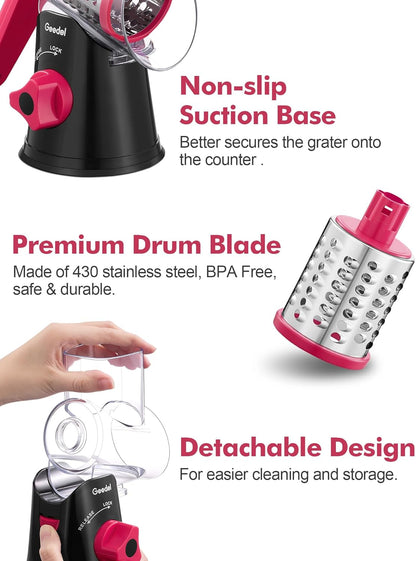 Rotary Cheese Grater Hand Crank, Cheese Shredder Vegetable Slicer | 3 Blades, 430 Stainless Steel, 12x Fast Cutting, Strong Suction Base, No BPA, Dishwasher Safe, for Cheese, Veggie, Nut