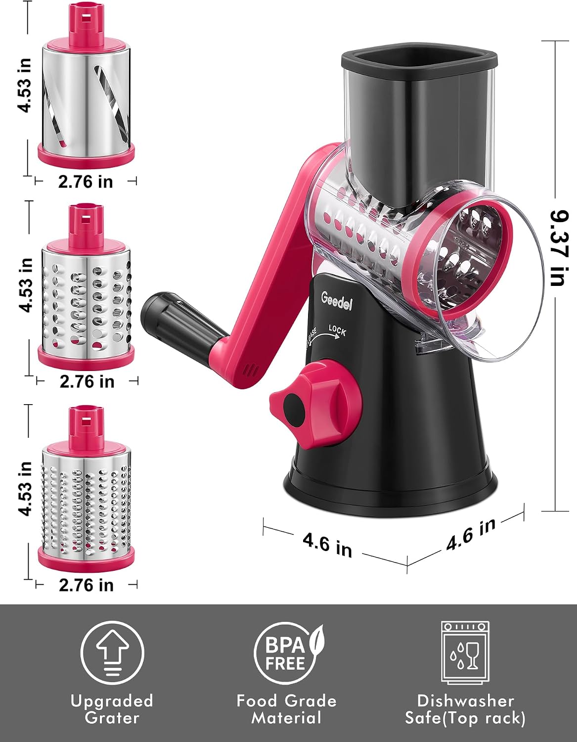 Rotary Cheese Grater Hand Crank, Cheese Shredder Vegetable Slicer | 3 Blades, 430 Stainless Steel, 12x Fast Cutting, Strong Suction Base, No BPA, Dishwasher Safe, for Cheese, Veggie, Nut