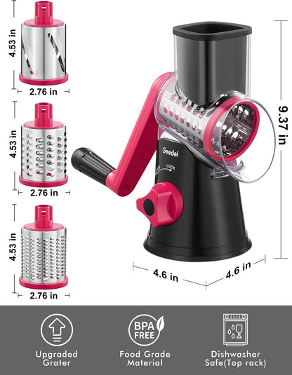 Rotary Cheese Grater Hand Crank, Cheese Shredder Vegetable Slicer | 3 Blades, 430 Stainless Steel, 12x Fast Cutting, Strong Suction Base, No BPA, Dishwasher Safe, for Cheese, Veggie, Nut