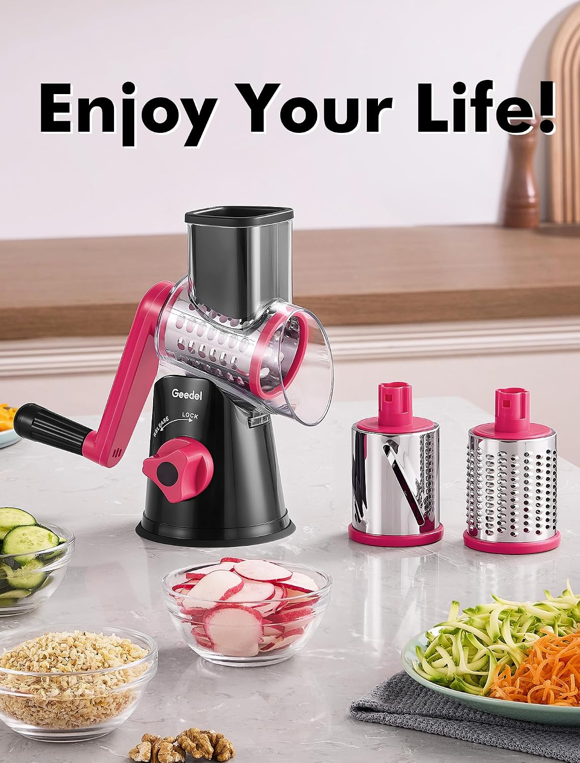 Rotary Cheese Grater Hand Crank, Cheese Shredder Vegetable Slicer | 3 Blades, 430 Stainless Steel, 12x Fast Cutting, Strong Suction Base, No BPA, Dishwasher Safe, for Cheese, Veggie, Nut