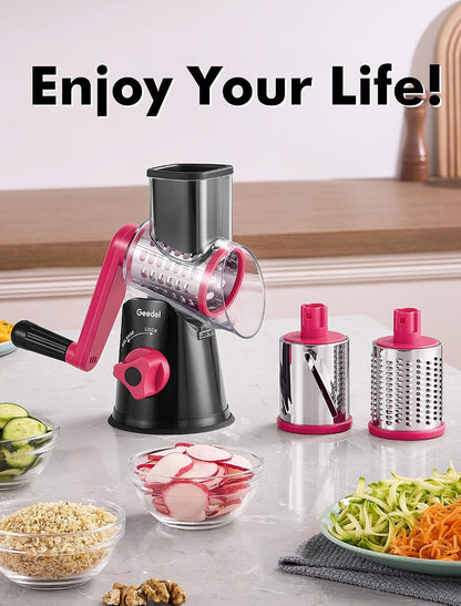 Rotary Cheese Grater Hand Crank, Cheese Shredder Vegetable Slicer | 3 Blades, 430 Stainless Steel, 12x Fast Cutting, Strong Suction Base, No BPA, Dishwasher Safe, for Cheese, Veggie, Nut