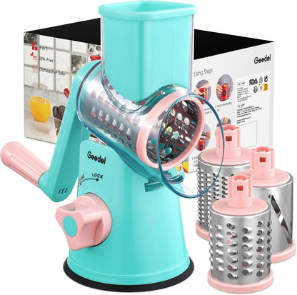 Rotary Cheese Grater Hand Crank, Cheese Shredder Vegetable Slicer | 3 Blades, 430 Stainless Steel, 12x Fast Cutting, Strong Suction Base, No BPA, Dishwasher Safe, for Cheese, Veggie, Nut