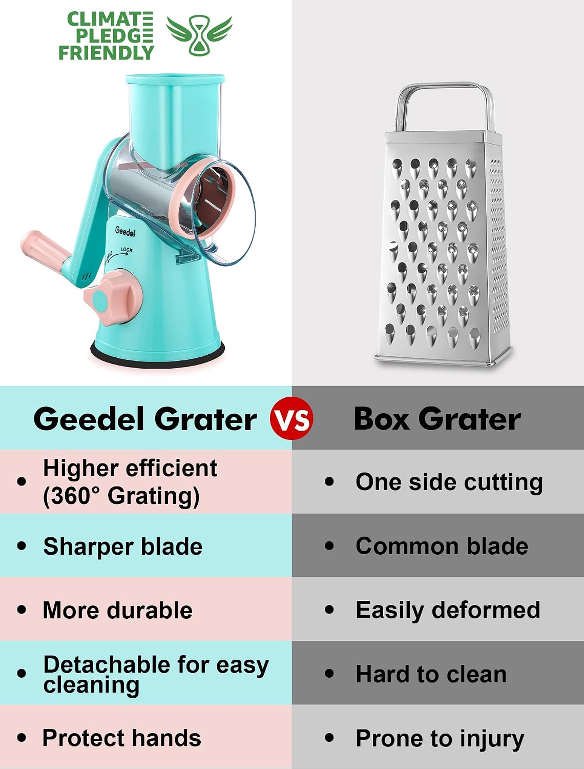 Rotary Cheese Grater Hand Crank, Cheese Shredder Vegetable Slicer | 3 Blades, 430 Stainless Steel, 12x Fast Cutting, Strong Suction Base, No BPA, Dishwasher Safe, for Cheese, Veggie, Nut