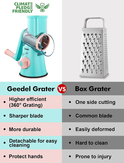 Rotary Cheese Grater Hand Crank, Cheese Shredder Vegetable Slicer | 3 Blades, 430 Stainless Steel, 12x Fast Cutting, Strong Suction Base, No BPA, Dishwasher Safe, for Cheese, Veggie, Nut