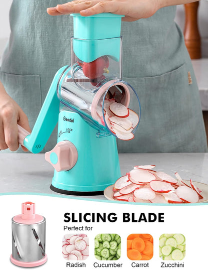 Rotary Cheese Grater Hand Crank, Cheese Shredder Vegetable Slicer | 3 Blades, 430 Stainless Steel, 12x Fast Cutting, Strong Suction Base, No BPA, Dishwasher Safe, for Cheese, Veggie, Nut