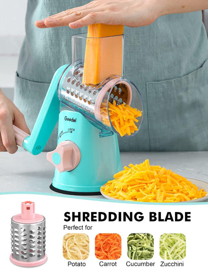Rotary Cheese Grater Hand Crank, Cheese Shredder Vegetable Slicer | 3 Blades, 430 Stainless Steel, 12x Fast Cutting, Strong Suction Base, No BPA, Dishwasher Safe, for Cheese, Veggie, Nut