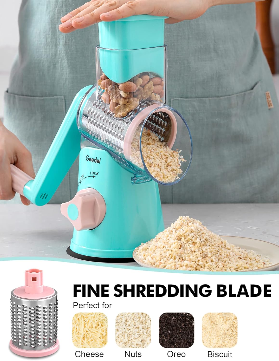 Rotary Cheese Grater Hand Crank, Cheese Shredder Vegetable Slicer | 3 Blades, 430 Stainless Steel, 12x Fast Cutting, Strong Suction Base, No BPA, Dishwasher Safe, for Cheese, Veggie, Nut