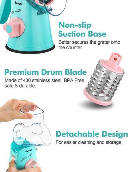 Rotary Cheese Grater Hand Crank, Cheese Shredder Vegetable Slicer | 3 Blades, 430 Stainless Steel, 12x Fast Cutting, Strong Suction Base, No BPA, Dishwasher Safe, for Cheese, Veggie, Nut