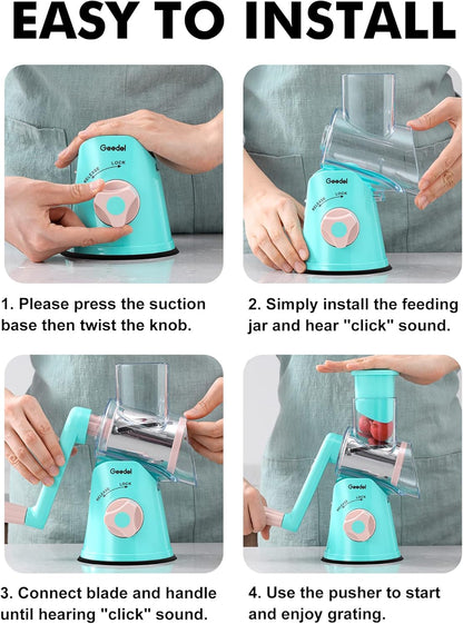 Rotary Cheese Grater Hand Crank, Cheese Shredder Vegetable Slicer | 3 Blades, 430 Stainless Steel, 12x Fast Cutting, Strong Suction Base, No BPA, Dishwasher Safe, for Cheese, Veggie, Nut