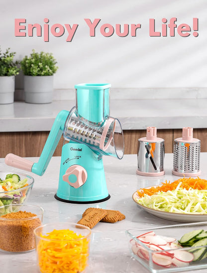 Rotary Cheese Grater Hand Crank, Cheese Shredder Vegetable Slicer | 3 Blades, 430 Stainless Steel, 12x Fast Cutting, Strong Suction Base, No BPA, Dishwasher Safe, for Cheese, Veggie, Nut