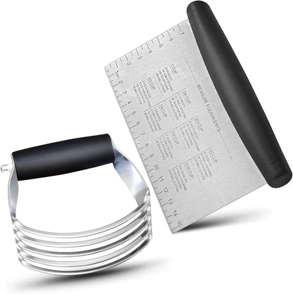 Stainless Steel Bench Scraper and Pastry Blender Cutter Set, Efficient Multipurpose Kitchen Baking Essential Tool with Comfortable Grip Handle-Perfect for Nut, Pie and Dough Processing - Black
