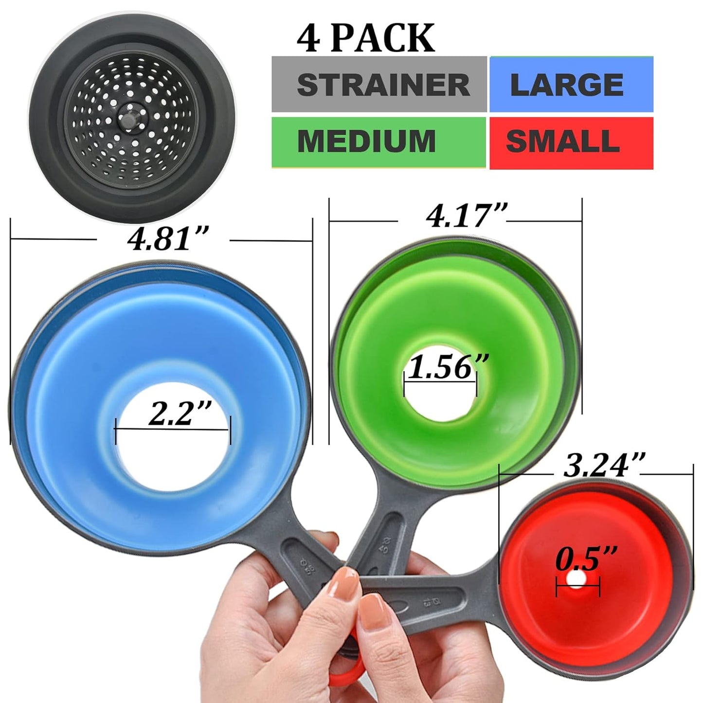 Canning Funnel with Strainer - Wide Mouth Food Funnels for Kitchen Use - Mason Jars Canning Supplies Kit Tools - Funnels for Filling Bottles - Food Grade Silicone -4 Pack
