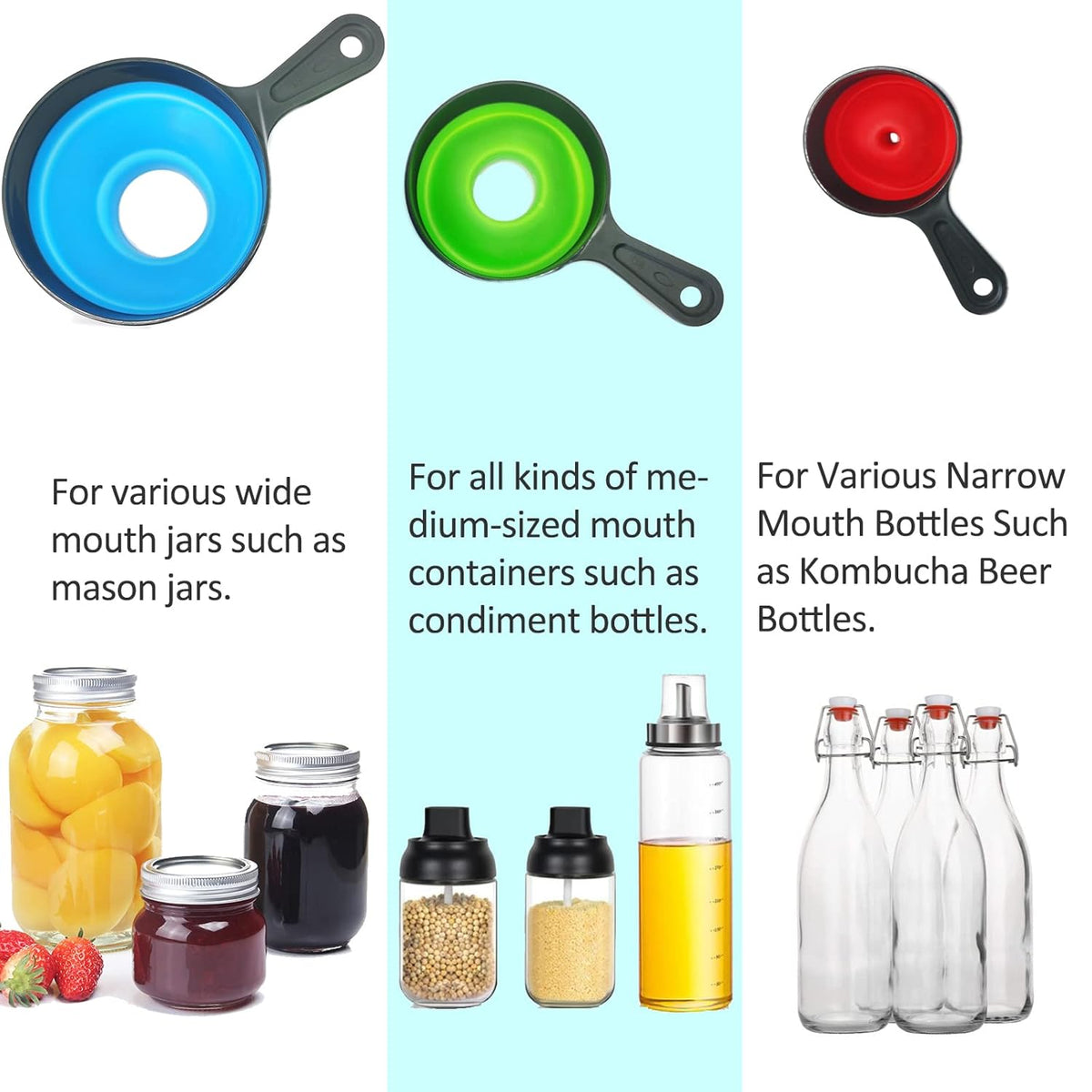 Canning Funnel with Strainer - Wide Mouth Food Funnels for Kitchen Use - Mason Jars Canning Supplies Kit Tools - Funnels for Filling Bottles - Food Grade Silicone -4 Pack