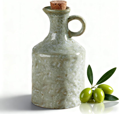 Green Ceramic Olive Oil Dispenser Bottle with Cork Stopper 13.5Oz | Reactive Glaze Texture Oil Bottle, Leak Proof Small Spout,Great for Storing Vinegar, Wine, Soy Sauce, Lemon Juice