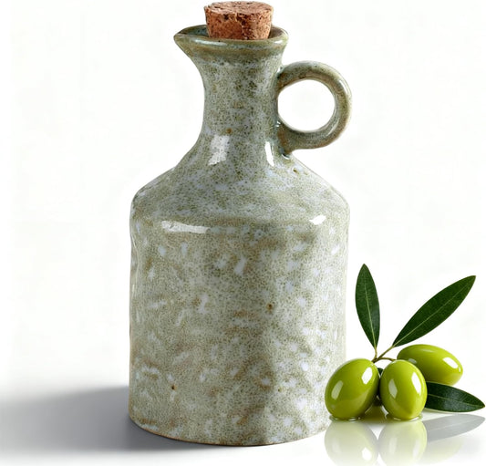 Green Ceramic Olive Oil Dispenser Bottle with Cork Stopper 13.5Oz | Reactive Glaze Texture Oil Bottle, Leak Proof Small Spout,Great for Storing Vinegar, Wine, Soy Sauce, Lemon Juice