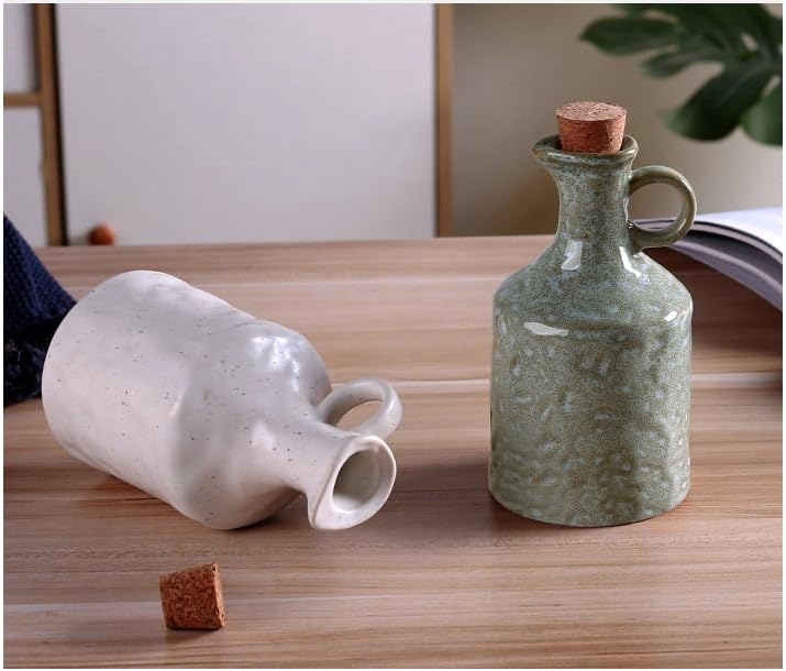 Green Ceramic Olive Oil Dispenser Bottle with Cork Stopper 13.5Oz | Reactive Glaze Texture Oil Bottle, Leak Proof Small Spout,Great for Storing Vinegar, Wine, Soy Sauce, Lemon Juice