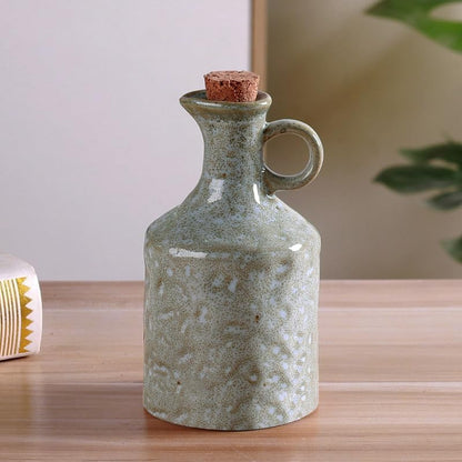 Green Ceramic Olive Oil Dispenser Bottle with Cork Stopper 13.5Oz | Reactive Glaze Texture Oil Bottle, Leak Proof Small Spout,Great for Storing Vinegar, Wine, Soy Sauce, Lemon Juice